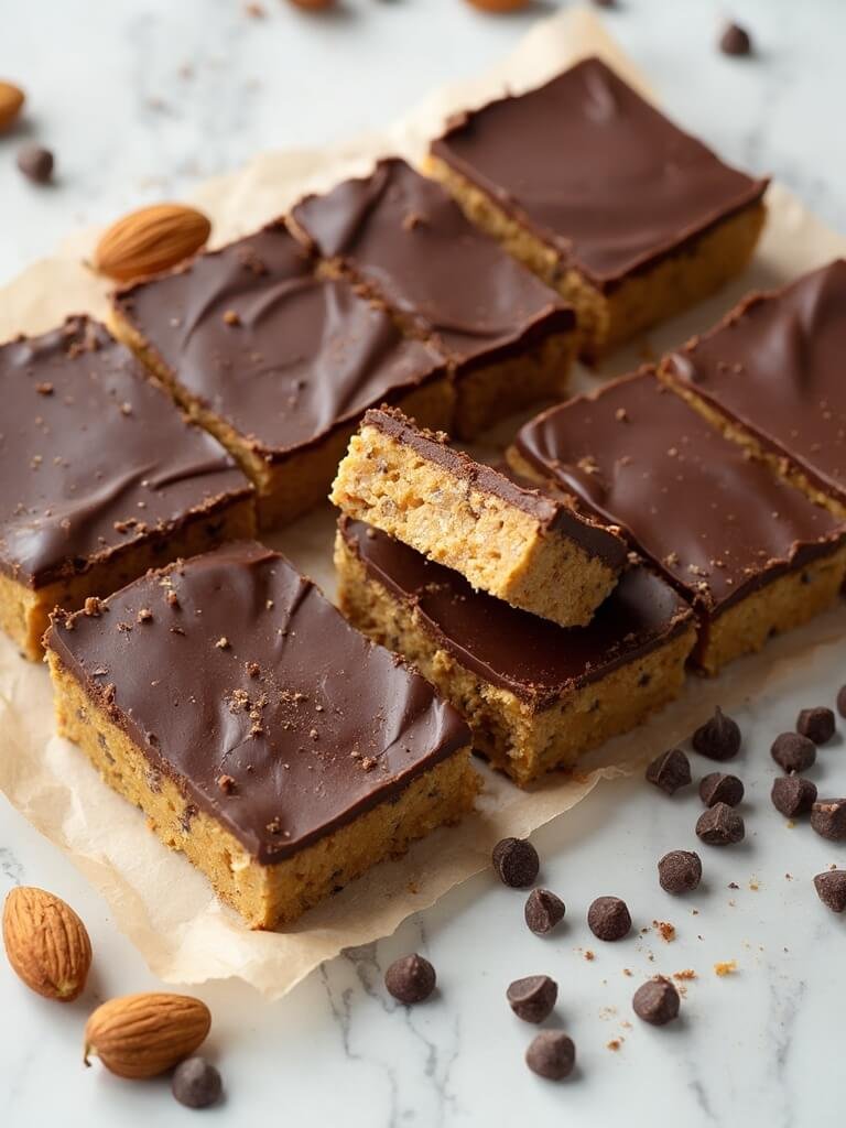 "Overhead shot of homemade keto protein bars with almond butter base and dark chocolate topping on a white marble surface"