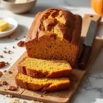 "Sliced keto pumpkin bread with almond flour and pecans on a wooden board against a white marble background"