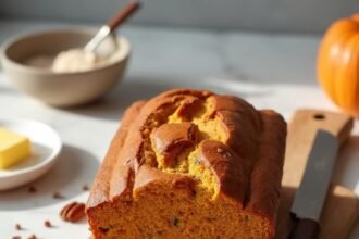 "Sliced keto pumpkin bread with almond flour and pecans on a wooden board against a white marble background"