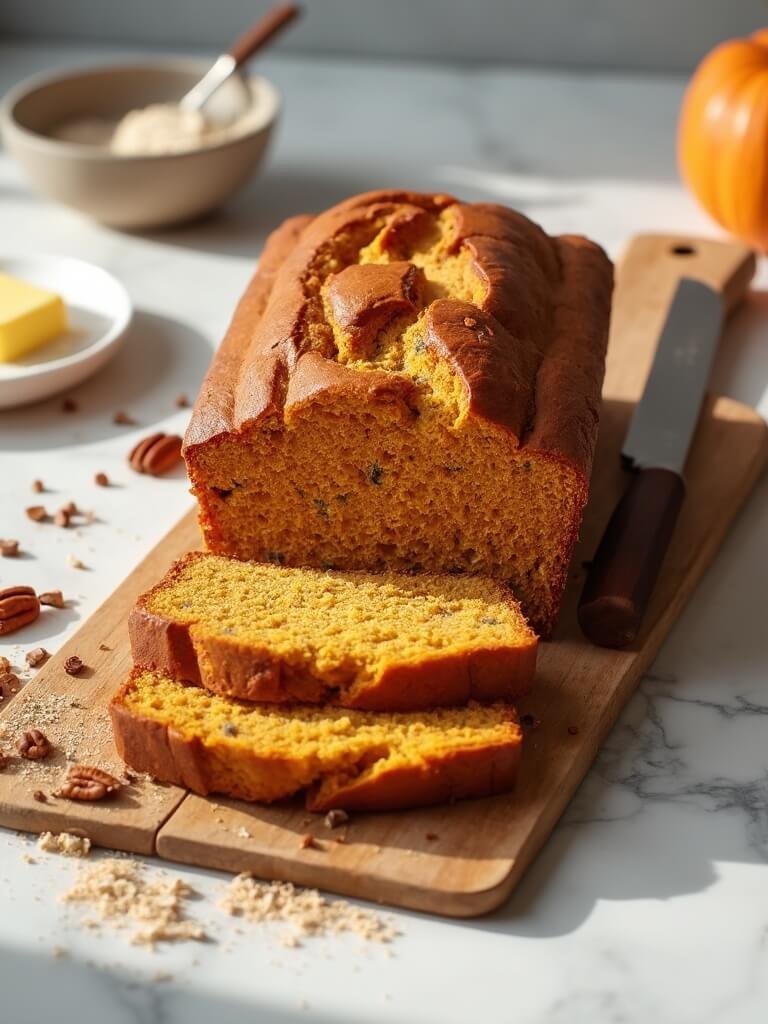 "Sliced keto pumpkin bread with almond flour and pecans on a wooden board against a white marble background"