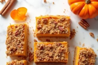"Keto pumpkin cheesecake bars with pecan crumble on a white marble background, garnished with whole pecans, cinnamon sticks, and fresh pumpkin slices"