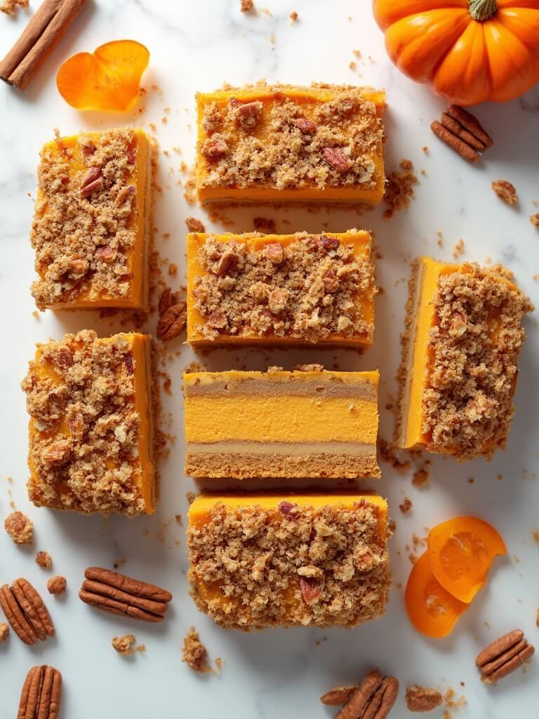 "Keto pumpkin cheesecake bars with pecan crumble on a white marble background, garnished with whole pecans, cinnamon sticks, and fresh pumpkin slices"