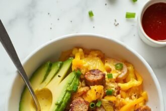 "Keto sausage and egg breakfast bowl with cheddar cheese, garnished with scallions and avocado on a clean marble background"