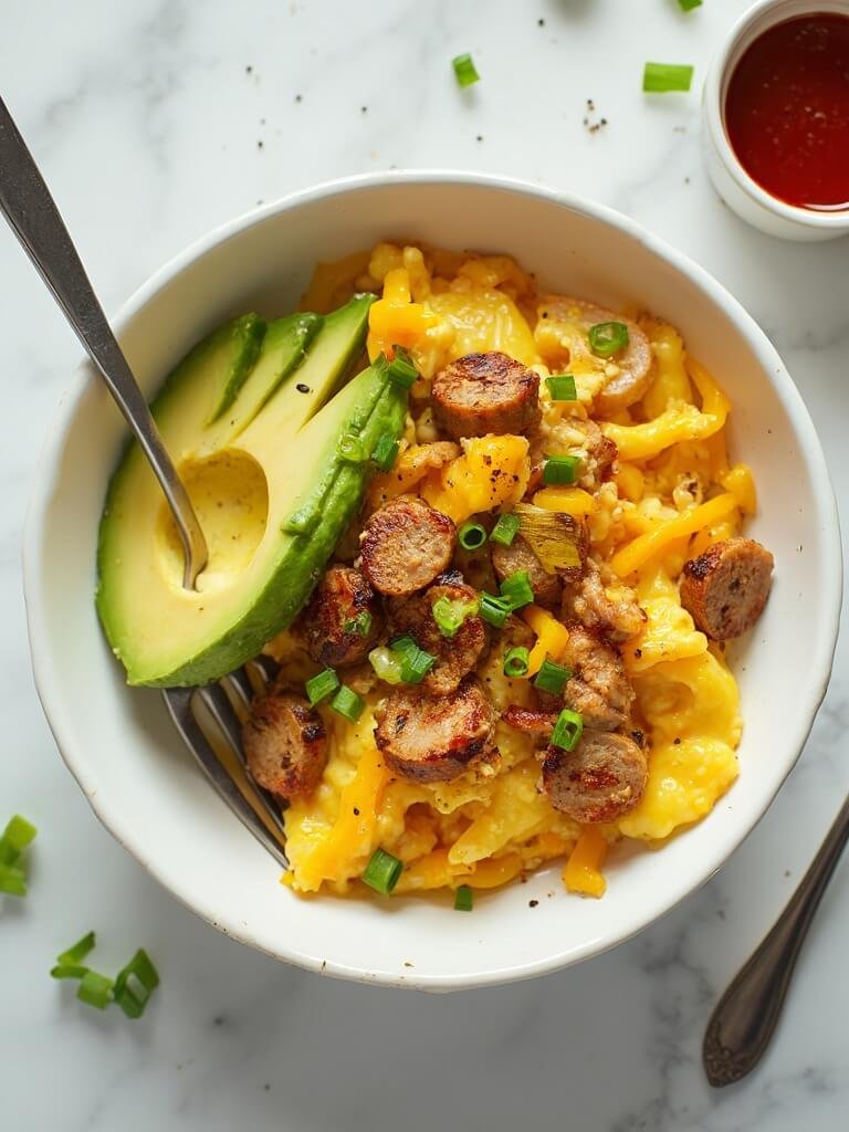 "Keto sausage and egg breakfast bowl with cheddar cheese, garnished with scallions and avocado on a clean marble background"