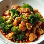 "Crispy sesame chicken and broccoli in a glossy amber sauce, garnished with sesame seeds and green onions in a white bowl"