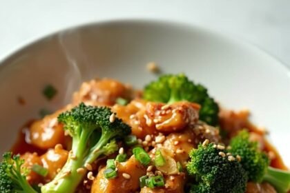 "Crispy sesame chicken and broccoli in a glossy amber sauce, garnished with sesame seeds and green onions in a white bowl"