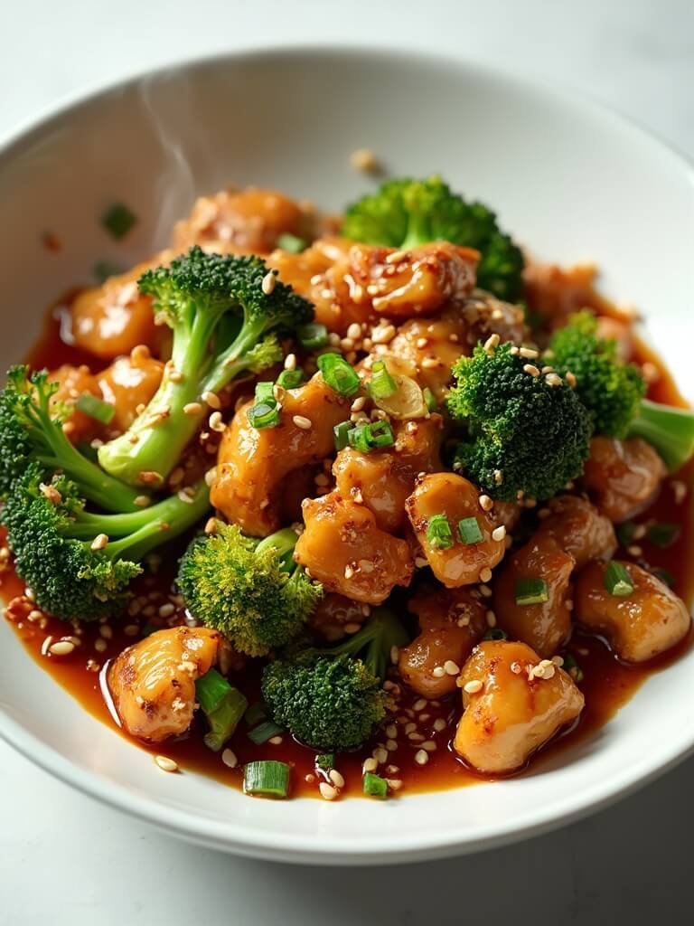 "Crispy sesame chicken and broccoli in a glossy amber sauce, garnished with sesame seeds and green onions in a white bowl"
