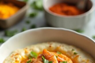 "Cauliflower grits with Cajun seasoned shrimps, cheddar cheese and scallions in a white bowl on a marble countertop, with ingredients in the background"