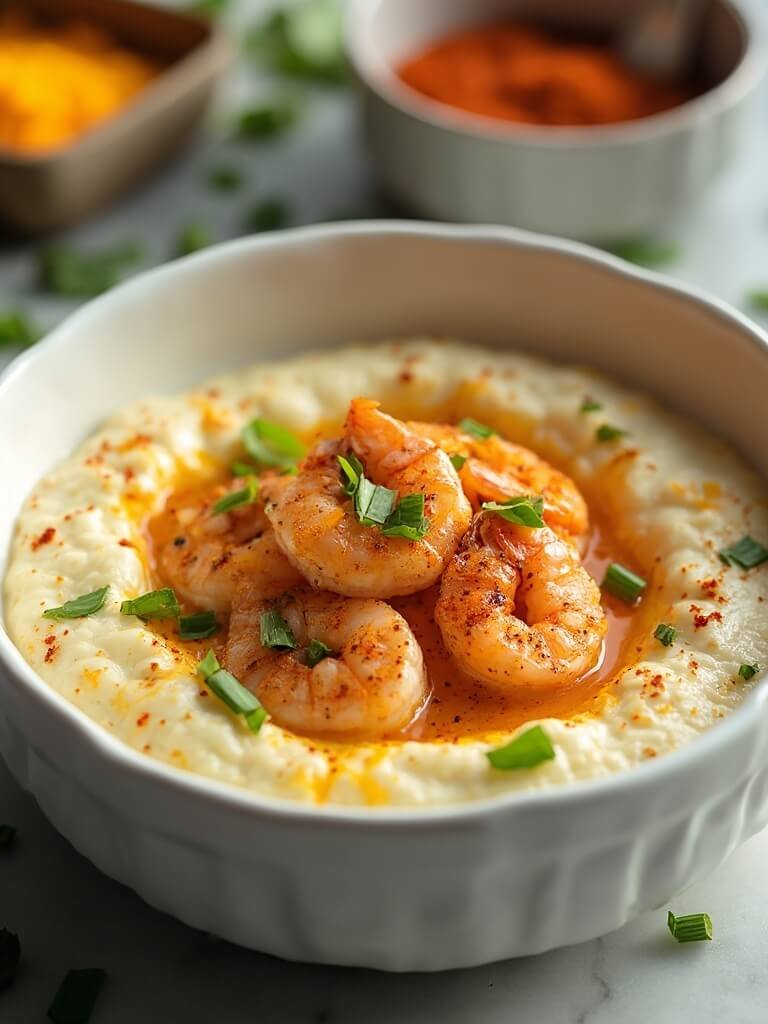 "Cauliflower grits with Cajun seasoned shrimps, cheddar cheese and scallions in a white bowl on a marble countertop, with ingredients in the background"