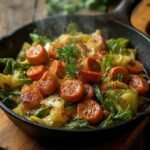 "Overhead view of a cast iron skillet with smoked sausage, caramelized cabbage, garlic, and onions, garnished with parsley and served on a rustic wooden board."
