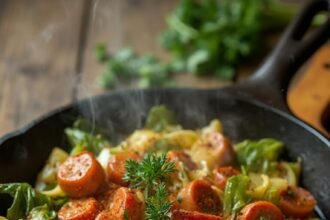 "Overhead view of a cast iron skillet with smoked sausage, caramelized cabbage, garlic, and onions, garnished with parsley and served on a rustic wooden board."