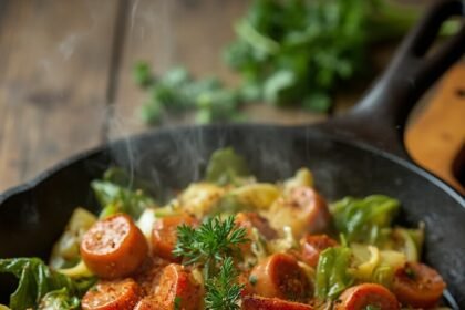 "Overhead view of a cast iron skillet with smoked sausage, caramelized cabbage, garlic, and onions, garnished with parsley and served on a rustic wooden board."