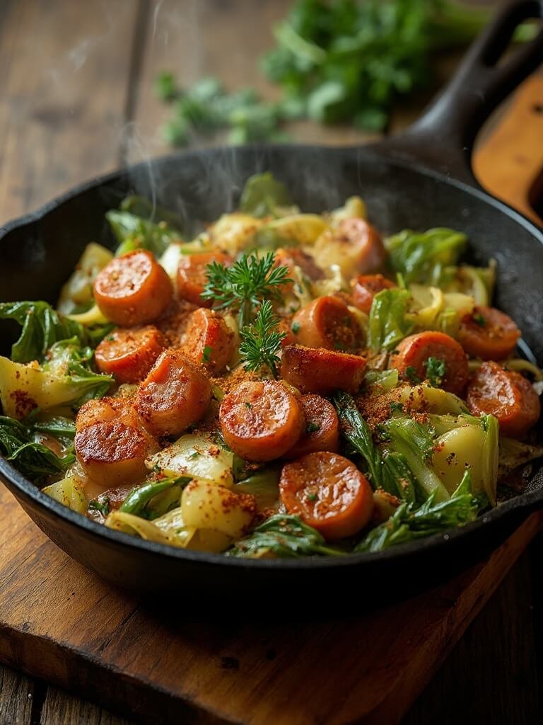 "Overhead view of a cast iron skillet with smoked sausage, caramelized cabbage, garlic, and onions, garnished with parsley and served on a rustic wooden board."