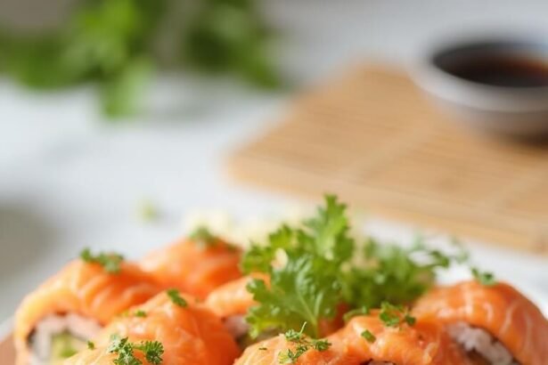 "Freshly sliced keto sushi rolls with salmon, cauliflower rice, avocado, and cucumber on a white ceramic plate"