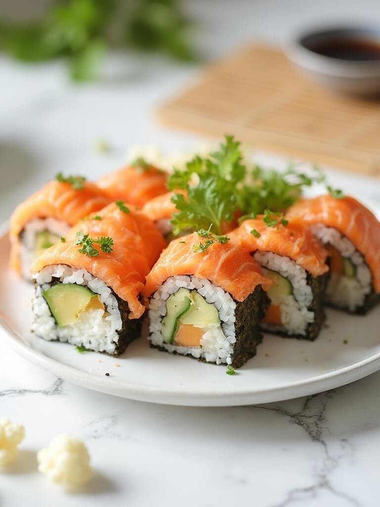 "Freshly sliced keto sushi rolls with salmon, cauliflower rice, avocado, and cucumber on a white ceramic plate"