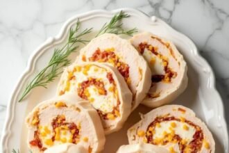 "Keto turkey and cheese pinwheels with cream cheese, bacon and cheddar on a white platter, garnished with dill sprigs"