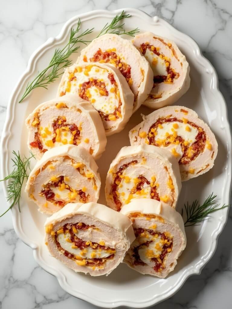 "Keto turkey and cheese pinwheels with cream cheese, bacon and cheddar on a white platter, garnished with dill sprigs"