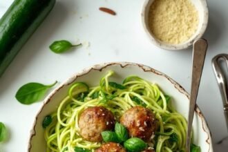 "Keto-friendly spaghetti with zucchini noodles and meatballs, garnished with fresh parmesan and basil leaves, displayed on a clean white background with key ingredients scattered around."