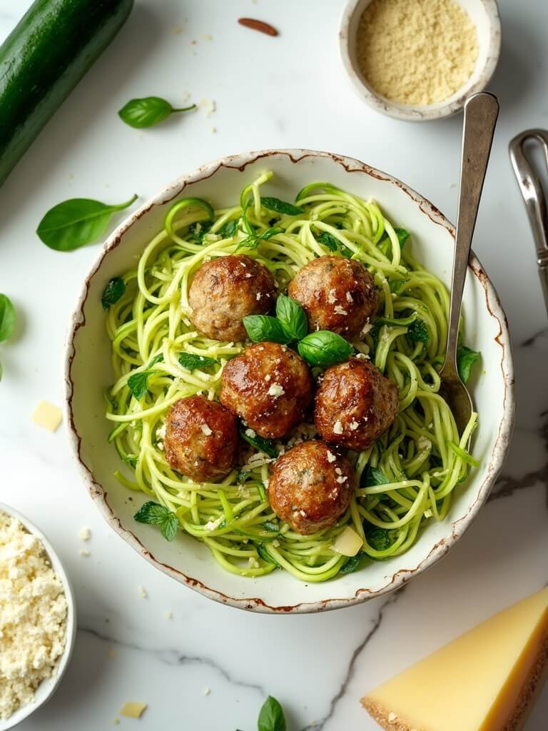 "Keto-friendly spaghetti with zucchini noodles and meatballs, garnished with fresh parmesan and basil leaves, displayed on a clean white background with key ingredients scattered around."
