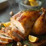 "Golden-brown roasted turkey with crispy skin, carved and displayed on a wooden board with lemons, herbs, and garlic in a modern kitchen setting."