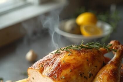 "Golden-brown roasted turkey with crispy skin, carved and displayed on a wooden board with lemons, herbs, and garlic in a modern kitchen setting."