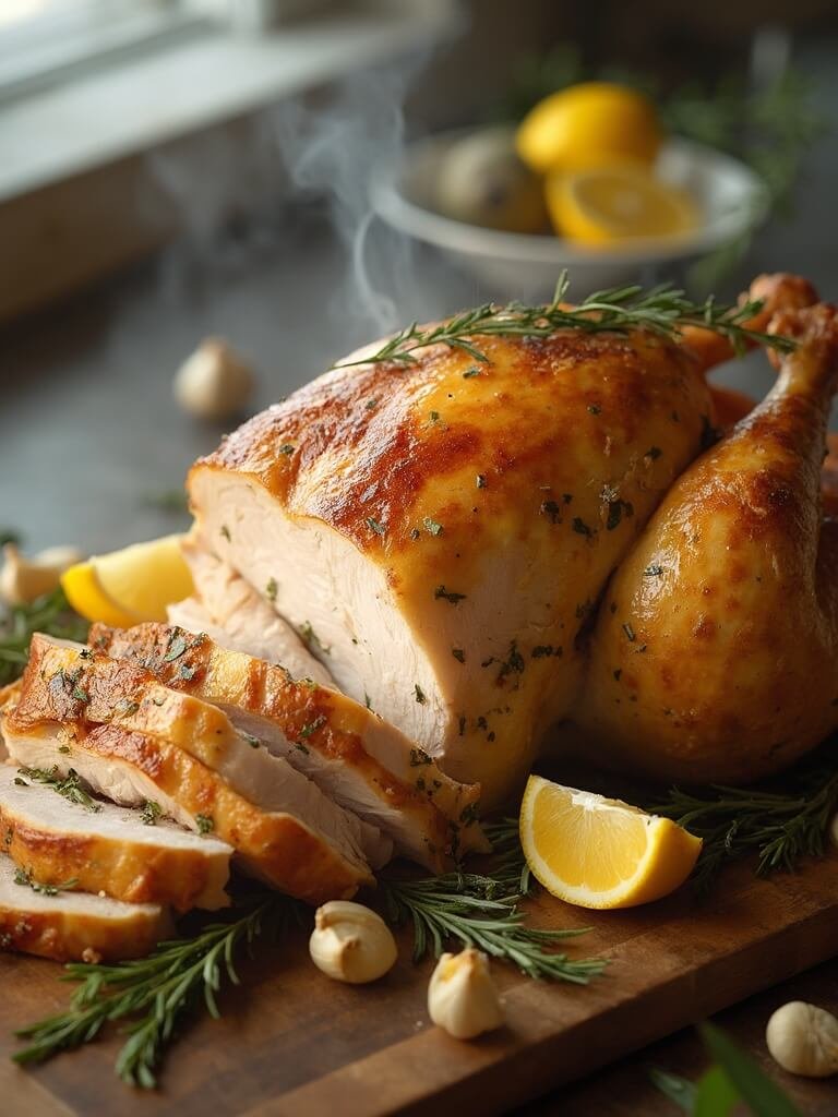 "Golden-brown roasted turkey with crispy skin, carved and displayed on a wooden board with lemons, herbs, and garlic in a modern kitchen setting."