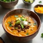 "Overhead shot of steaming low-carb taco soup with ground beef, cream cheese, and cheddar in a rustic bowl, garnished with cilantro, sour cream, avocado, and shredded cheese, with toppings in prep bowls on a white marble background."