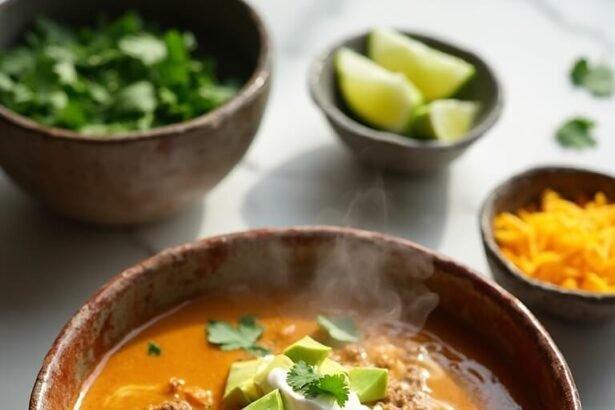 "Overhead shot of steaming low-carb taco soup with ground beef, cream cheese, and cheddar in a rustic bowl, garnished with cilantro, sour cream, avocado, and shredded cheese, with toppings in prep bowls on a white marble background."