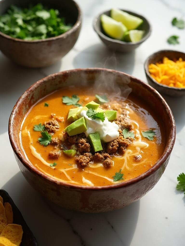 "Overhead shot of steaming low-carb taco soup with ground beef, cream cheese, and cheddar in a rustic bowl, garnished with cilantro, sour cream, avocado, and shredded cheese, with toppings in prep bowls on a white marble background."