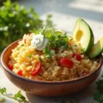 "Mexican cauliflower rice with cilantro, lime garnish, avocado, queso fresco, and sour cream on a clean white marble background"