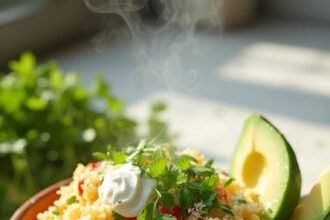 "Mexican cauliflower rice with cilantro, lime garnish, avocado, queso fresco, and sour cream on a clean white marble background"