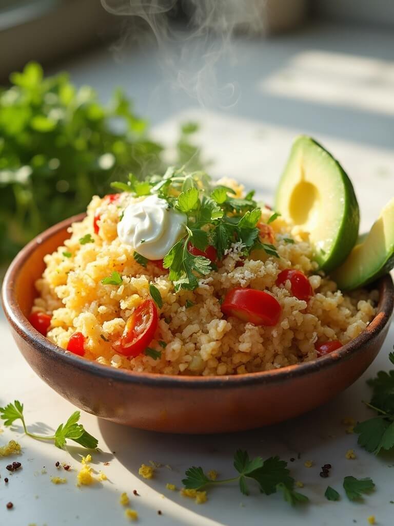 "Mexican cauliflower rice with cilantro, lime garnish, avocado, queso fresco, and sour cream on a clean white marble background"