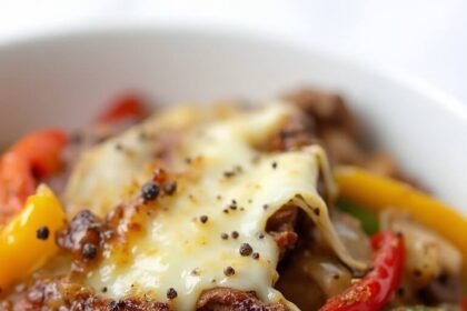 "Philly cheesesteak bowl with seared steak, melted provolone, sautéed peppers, onions and mushrooms on a clean white background"