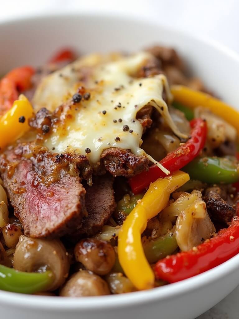 "Philly cheesesteak bowl with seared steak, melted provolone, sautéed peppers, onions and mushrooms on a clean white background"