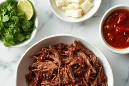 "Slow cooker keto beef barbacoa in a white bowl surrounded by toppings like lime wedges, onions, chipotle peppers, and lettuce cups, on a white marble surface."