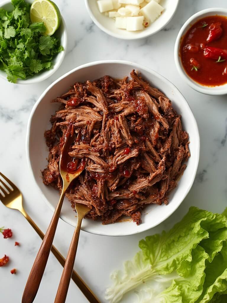 "Slow cooker keto beef barbacoa in a white bowl surrounded by toppings like lime wedges, onions, chipotle peppers, and lettuce cups, on a white marble surface."