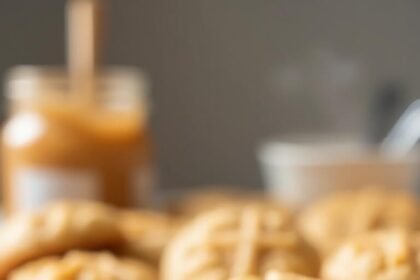 "Freshly baked soft almond flour peanut butter cookies with criss-cross pattern on a clean marble surface"