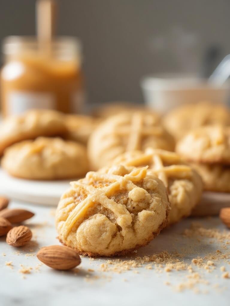"Freshly baked soft almond flour peanut butter cookies with criss-cross pattern on a clean marble surface"