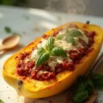 "Roasted spaghetti squash boat with meat sauce, melted mozzarella, and fresh basil garnish on a clean white marble background"