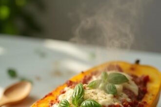 "Roasted spaghetti squash boat with meat sauce, melted mozzarella, and fresh basil garnish on a clean white marble background"