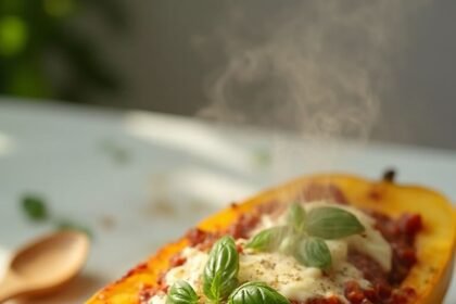 "Roasted spaghetti squash boat with meat sauce, melted mozzarella, and fresh basil garnish on a clean white marble background"