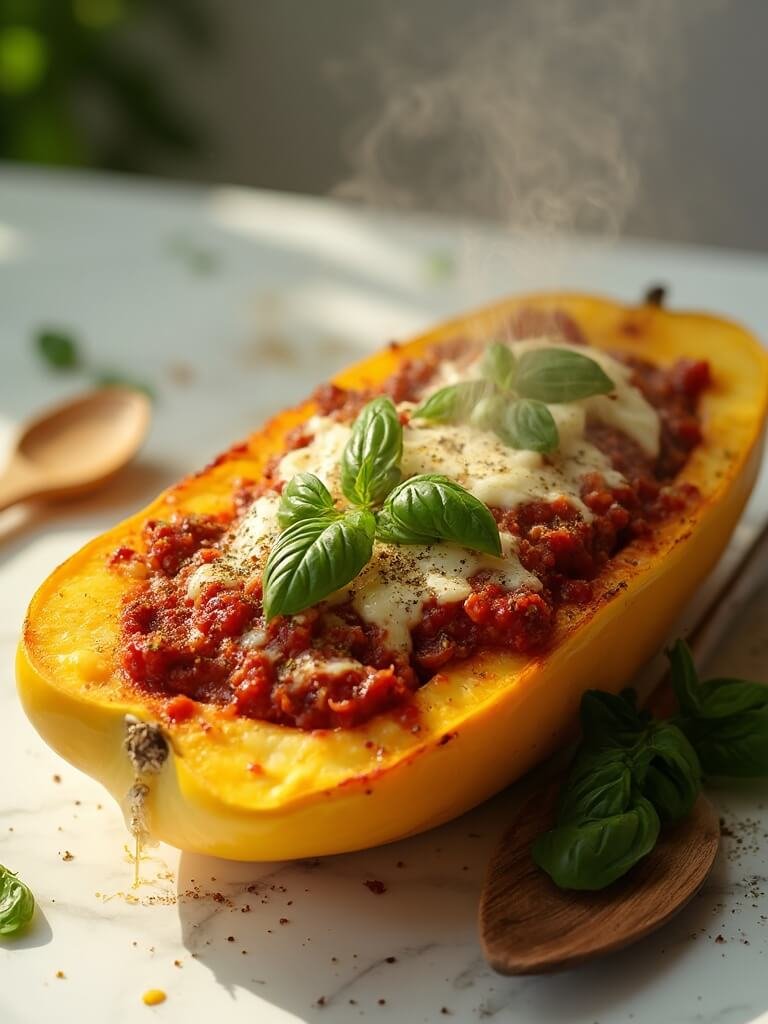 "Roasted spaghetti squash boat with meat sauce, melted mozzarella, and fresh basil garnish on a clean white marble background"