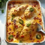 "Overhead shot of a golden-baked jalapeño popper chicken casserole topped with melted cheddar, bacon, and sliced jalapeños on a white marble countertop."