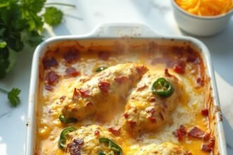 "Overhead shot of a golden-baked jalapeño popper chicken casserole topped with melted cheddar, bacon, and sliced jalapeños on a white marble countertop."