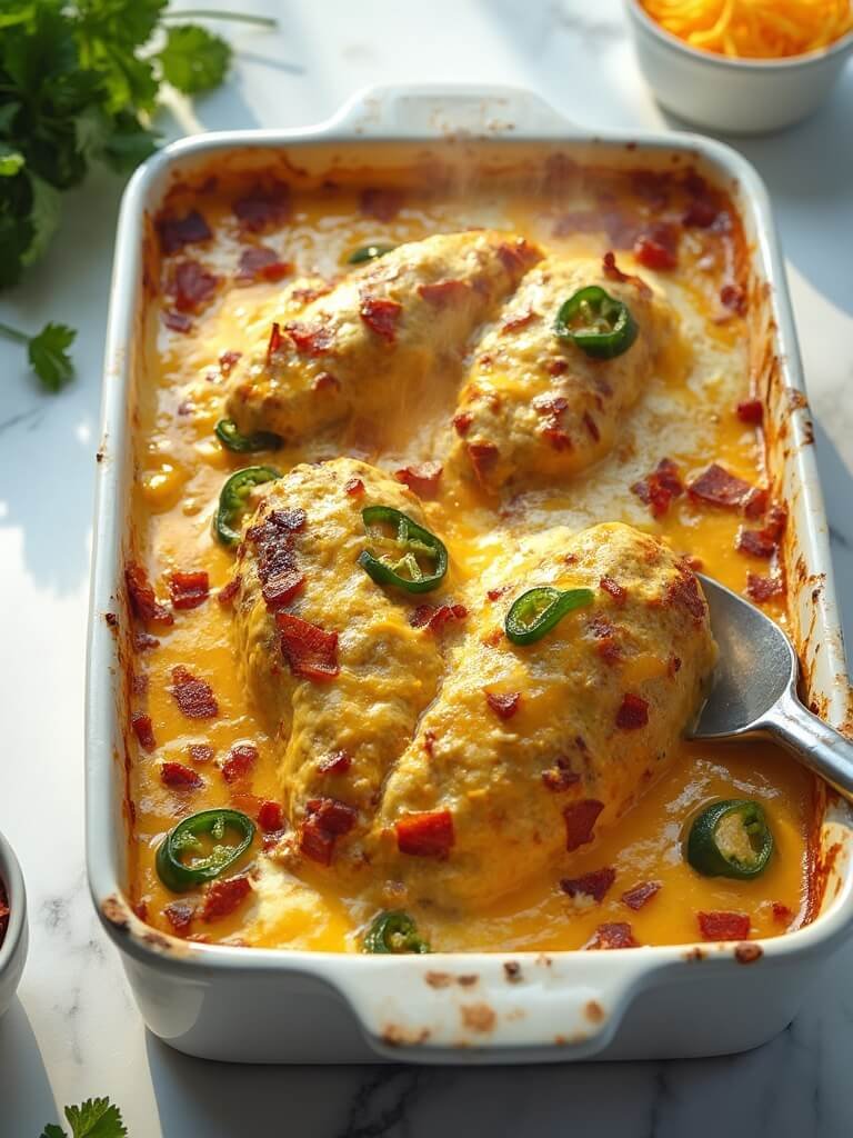 "Overhead shot of a golden-baked jalapeño popper chicken casserole topped with melted cheddar, bacon, and sliced jalapeños on a white marble countertop."
