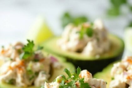 "Stuffed avocados with creamy chicken salad and lime garnish on a white marble background"