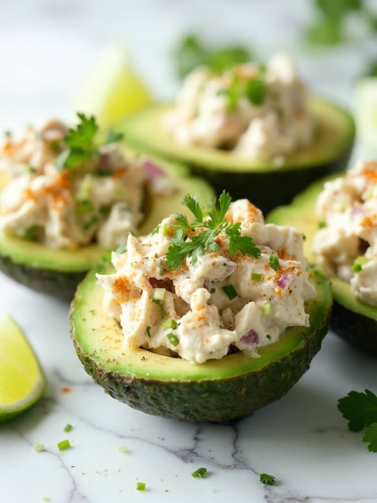 "Stuffed avocados with creamy chicken salad and lime garnish on a white marble background"