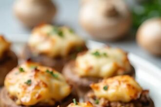 "Golden-brown low-carb stuffed mushrooms with Italian sausage and cream cheese filling on a white serving platter"
