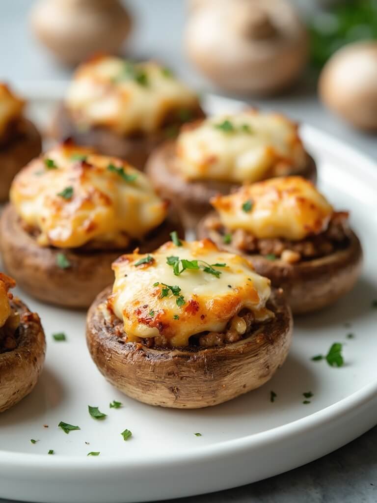 "Golden-brown low-carb stuffed mushrooms with Italian sausage and cream cheese filling on a white serving platter"