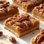 "Overhead view of sugar-free keto pecan pie bars with golden caramel filling and almond crust on a clean white background"